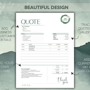 May include: A quote template with the word "QUOTE" in large, elegant font. The design includes sections for business and customer details, quote details, and terms of quotation. The template is designed with a green and white color scheme.