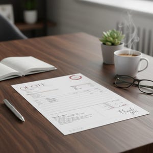 May include: A quote document with the word "QUOTE" at the top, a pen, a cup of coffee, a pair of glasses, and an open book on a wooden desk. The document has a red circular logo and the words "Thank you" in cursive.