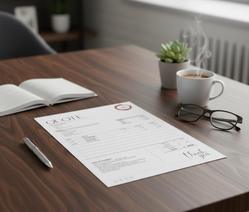 May include: A quote document with the word "QUOTE" at the top, a pen, a cup of coffee, a pair of glasses, and an open book on a wooden desk. The document has a red circular logo and the words "Thank you" in cursive.