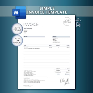 May include: A white invoice template with the text "SIMPLE INVOICE TEMPLATE" and "INVOICE". Includes fields for company details, item descriptions, and totals. Features "AUTO TOTALS" and "AUTO TAX AMOUNT" buttons. The words "thank you" are written at the bottom.