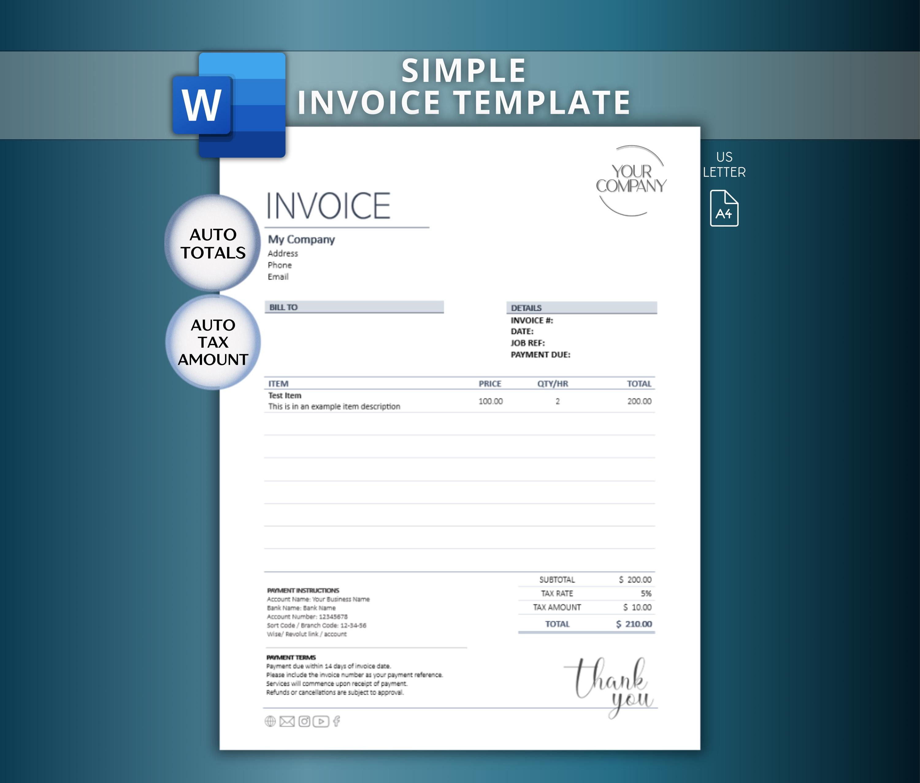 Microsoft Word Invoice Template | Editable Business Quote - Auto Totals ...
