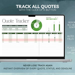 May include: A laptop displaying a "Quote Tracker" application. The screen shows a spreadsheet with quote details, charts, and the text "Track All Quotes" and "Never Lose Track Again". The application reports quote status and has auto-fill features.