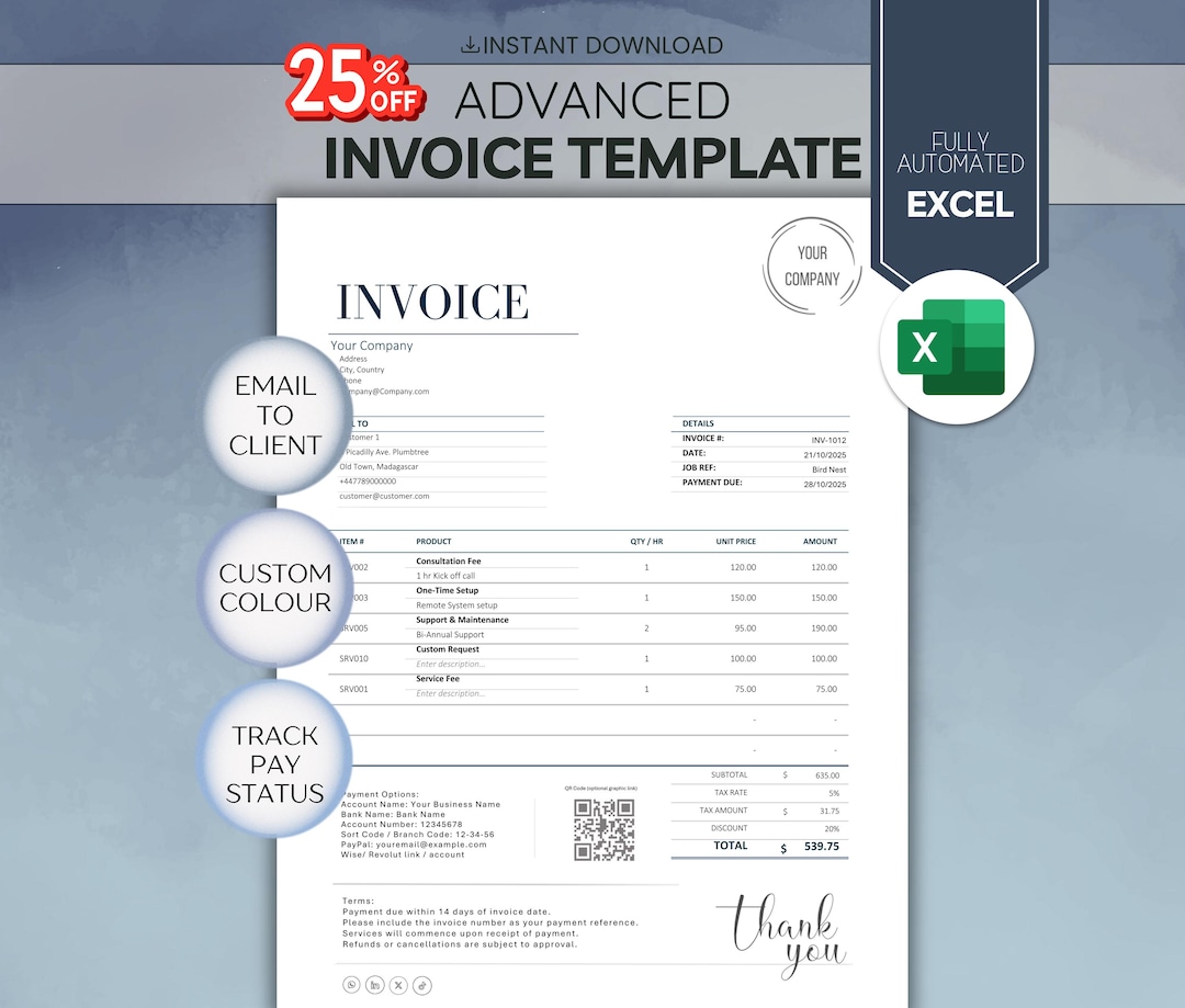Editable Invoice Template for Excel - Advanced Small Business Automated ...