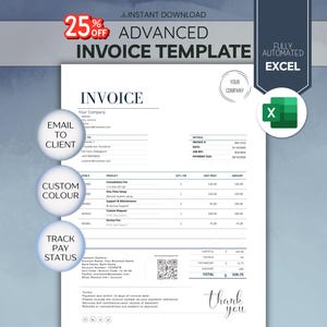 Może przedstawiać: Cyfrowy szablon faktury z tekstem "ADVANCED INVOICE TEMPLATE" i "FULLY AUTOMATED EXCEL". Faktura zawiera pola na dane firmy, wyszczególnione usługi i opcje płatności. Funkcje obejmują e-mail do klienta, niestandardowy kolor i śledzenie statusu płatności.