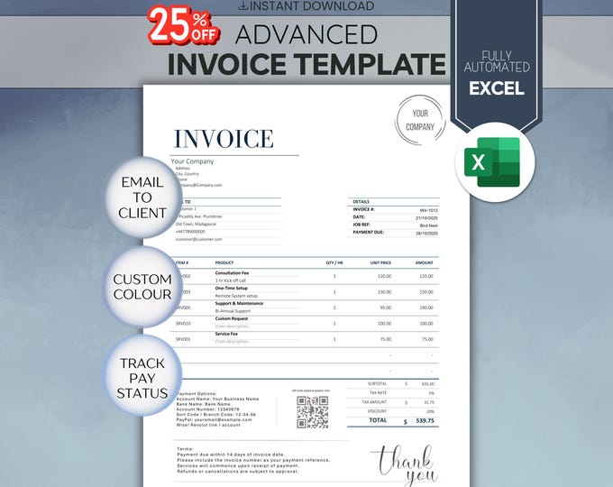 Editable Invoice Template for Excel - Advanced Small Business Automated ...