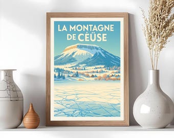 Poster illustration of a winter landscape at Céüse mountain, wall art decoration, alpine nature decor, High Alps, Gap