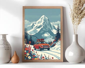 Vintage mountain illustration poster, retro car wall art, alpine landscape decor, flowers, nature, travel wall art