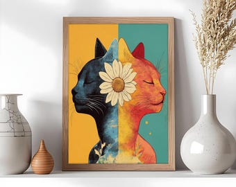 Stylized cat art poster – Modern illustration of feline duality with a daisy – Original wall decor – Poster