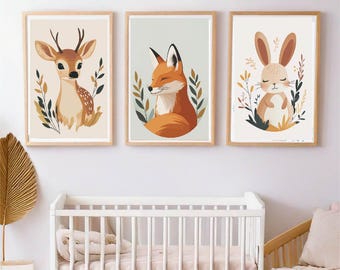 Skogsdjurposter, Triptyk för babyrum, Väggdekoration för barn, Boho naturstil, Mjuk och skandinavisk illustration