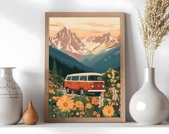 Vintage van mountain poster, Sunset illustration, Retro nature wall poster, Boho vanlife decor, Floral landscape poster