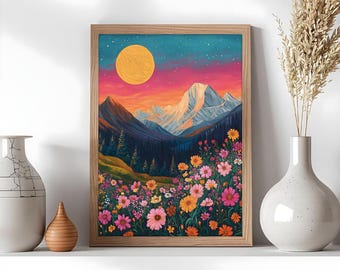 Poster illustration of a mountain landscape, sunset, flowers, colorful style, wall art, nature decor, starry sky – High-quality poster