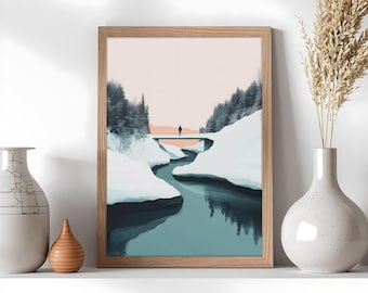 Minimalist winter landscape poster, modern illustration poster, nature wall decor, contemporary Nordic wall art