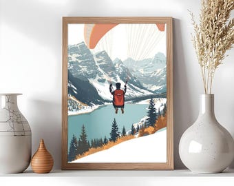 Paragliding mountain poster, alpine landscape illustration, nature wall art, modern outdoor adventure wall art