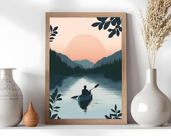 Poster illustration of a kayak on a lake at sunset, nature-themed wall art, mountain and forest silhouette, peaceful