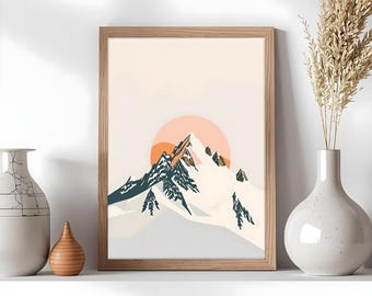 Minimalist Mountain Poster – Modern Wall Art with Sunset, Nature Art, Scandinavian Decor, Abstract Landscape Poster