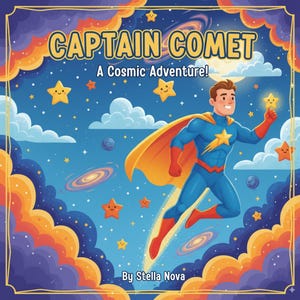 May include: A children's book cover with the title "CAPTAIN COMET" in gold. The illustration shows a superhero in a blue suit and yellow cape, holding a star, against a cosmic backdrop of stars, planets, and galaxies. The text "A Cosmic Adventure!" is also included.