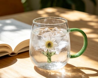 Handmade 3D Daisy Glass, Cute Sunflower Coffee Cup With Green Handle, Clear Glass Tea Cup for Office and Home, Gift for Flower Lovers.