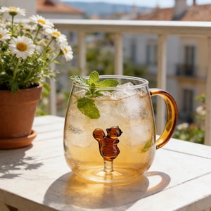 May include: A clear glass mug filled with ice and a light brown beverage, garnished with mint leaves. The mug has a brown handle and a small brown squirrel figurine at the bottom. A potted plant with white flowers is in the background.