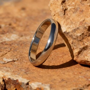 May include: A polished silver ring with a rounded band. The ring is resting against a rough, brown rock. The ring's surface reflects the surrounding light, creating a bright, shiny appearance. The ring is a simple, elegant piece of jewelry.