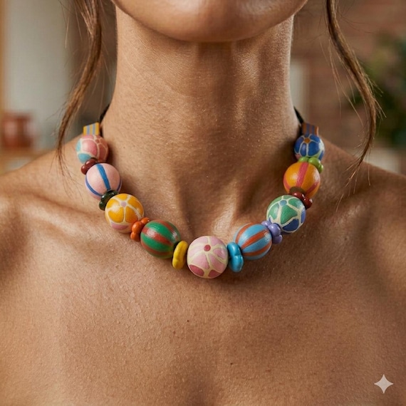 Flower Hand-Painted Wooden Bead Necklace ,Floral Glass Beads, Lightweight Chunky Boho Statement Jewelry, Non-Toxic Acrylic,Mother's Day Gift