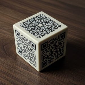 Pode incluir: Um cubo creme com códigos QR pretos em quatro lados e um padrão floral preto decorativo na parte superior. O cubo está sobre uma superfície de madeira escura, criando um contraste. O design é moderno e geométrico.