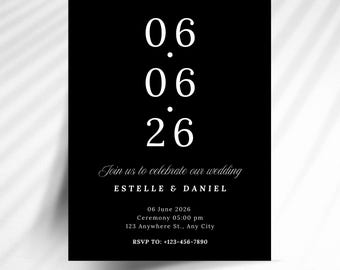 Minimalist Wedding Invitation Template, Black and White (Digital Download) BV5