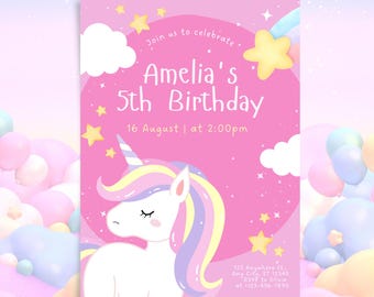 Editable Unicorn Girls Birthday Invitation, Pastel Rainbow (Digital Download)