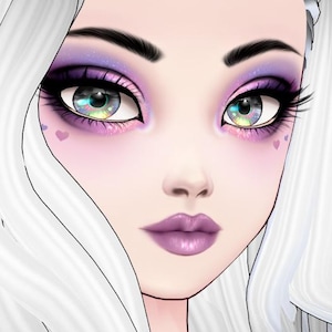 May include: Digital illustration of a woman's face with dramatic makeup. The eyes have purple eyeshadow, long lashes, and iridescent highlights. The lips are a matching shade of purple. White hair frames the face, and small heart-shaped accents are near the eyes.