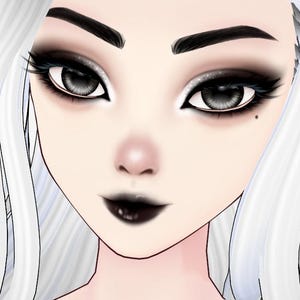 May include: A digital illustration of a woman with pale skin, black lipstick, and dramatic eye makeup. Her eyes are gray with black eyeshadow and long eyelashes. She has thick, dark eyebrows and long, white hair.