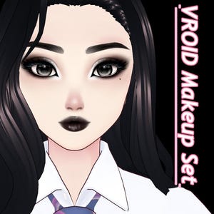 May include: A digital avatar portrait featuring long black hair, dark eyeshadow, and black lipstick. The character wears a white collared shirt with a patterned tie. The text VROID Makeup Set is displayed vertically in pink on the right side.