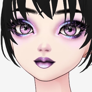 May include: A digital illustration of a face with dramatic makeup. The eyes feature pink and purple eyeshadow with long, dark eyelashes. The lips are a gradient of purple, and the hair is black. The skin tone is fair, and the overall aesthetic is stylized.