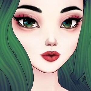 May include: A digital illustration of a woman with green hair and striking makeup. Her eyes are a vibrant green, accentuated by dark eyeliner and long lashes. Her lips are a bold red, and her cheeks have a rosy blush. The overall style is reminiscent of a fantasy character.