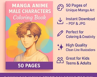 Manga Anime Male Characters Coloring Book: 50 Unique Pages