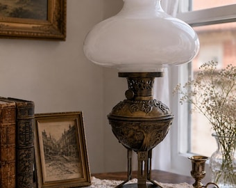 Antique Brass Oil Lamp with White Milk Glass Shade, Art Nouveau Table Lamp, Victorian Home Decor, Vintage Lighting