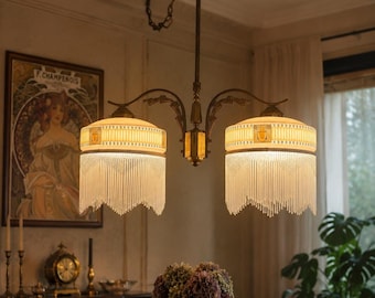 Art Deco Art Nouveau Chandelier Brass Glass Fringe Ceiling Light Vintage Pendant Lamp Woman Motif