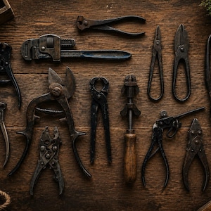 Vintage smidsgereedschap, metaalbewerkingsgereedschap set van 16 antieke scharen, tangen en klemmen