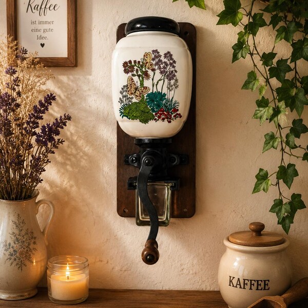 Młynek do kawy montowany na ścianie w stylu vintage, ceramiczny młynek do kawy, młynek z korbą ręczną, rustykalny wystrój kuchni w stylu wiejskim