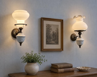 Pair Vintage Brass Wall Sconces Milk Glass Shades Ceramic Sconces