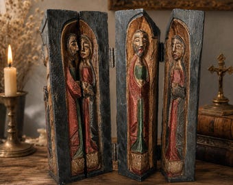 Vintage Folding Wooden Prayer Shrine Hand Carved Religious Folk Art
