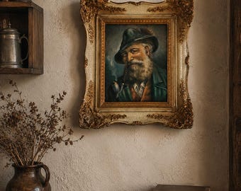 Vintage Oil Painting Old Man with Pipe Baroque Frame Rustic Wall Art