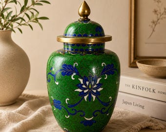 Vintage Cloisonné Ginger Jar Green Blue Enamel Asian Decor