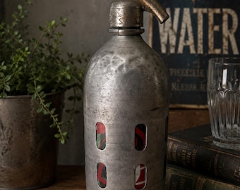 Antique Soda Siphon LA ETRURIA Vintage Glass Bottle Aluminum 31 cm