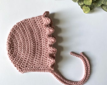 blush - UNION RUFFLE crochet baby bonnet - made to order