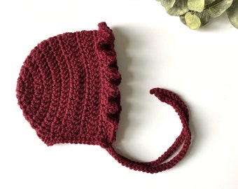 burgundy - UNION RUFFLE crochet baby bonnet - MADE to Order