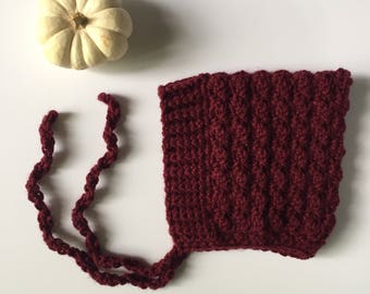 BELL crochet pixie baby bonnet - burgundy - MADE to ORDER