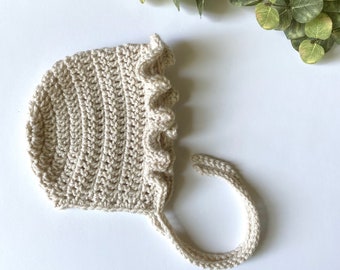 linen - UNION RUFFLE crochet baby bonnet - MADE to Order