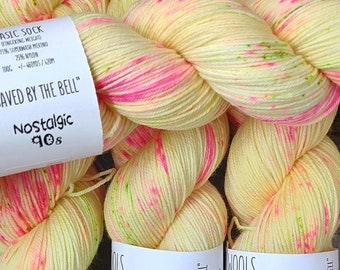 RTS Saved by the Bell Nostalgic 90s Basic Sock Fingering Yarn Bright Yellow Semi Solid Tonal Green Pink Speckled Yarn