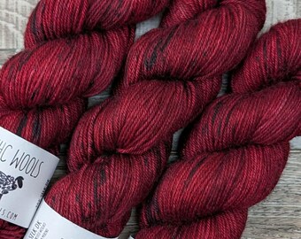 RTS Persephone Yak Silk DK Yarn Light Worsted Weight Superwash Merino Wool Silk Yak Yarn Dark Red Black Speckles