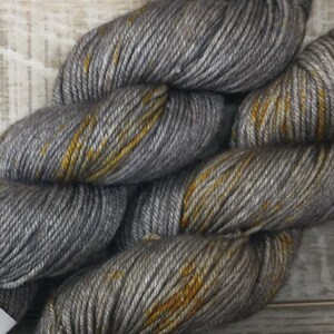 RTS Gold Mine Signature Series Yak Silk DK Yarn Light Worsted Weight Superwash Merino Wool Silk Gray Semi Solid Tonal Golden Yellow Speckled