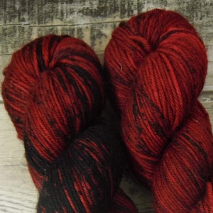 RTS Persephone Mythical Gods Collection SW DK Light Worsted Weight Yarn Dark Red Semi Solid Tonal Black Speckle Superwash Merino Wool